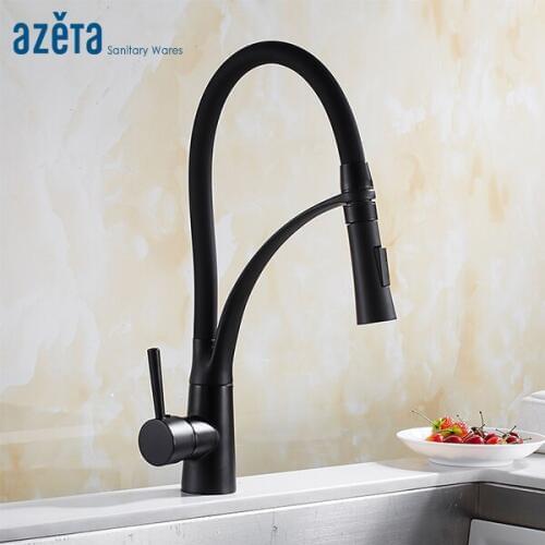 Azeta New Full Black Kitchen Faucet Pull-out Dual Sprayer Water Outlet Single Handle Kitchen Mixer Tap Torneira Cozinha AT2288BB