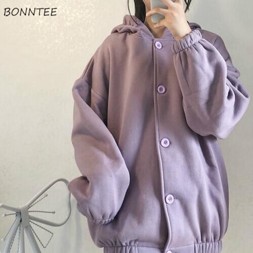 Basic Jackets Women Solid Hooded Plus Velvet Student Simple Long Sleeve Warm Casual Loose Korean Style Feminino Overcoat Stylish