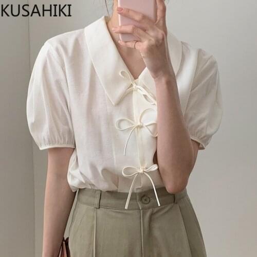 KUSAHIKI Sweet Bow Tie Woman Blouse Shirt Korean Chic Puff Short Sleeve Top Summer Solid Turn-down Collar Blusas De Mujer 6G854