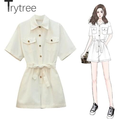 Trytree Summer Women Playsuits Solid Pocket Wide Leg Shorts Casual Loose Belt Fashion Streetwear Single Breasted Shirt Playsuits