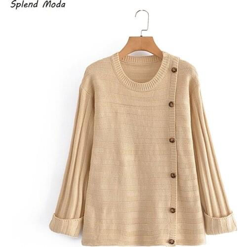 Splend Moda Autumn Winter Fashion Women Knit Pullover Single-Breasted O-Neck Long Sleeve Casual Sweater Loose Female Solid Color
