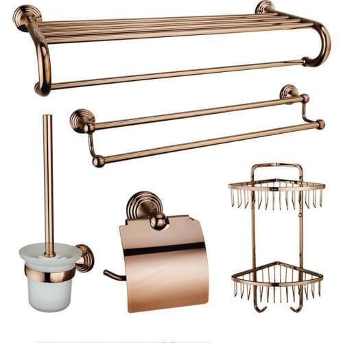 Rose gold Wall Mount brass 5-Piece Bathroom Accessory Set Towel Bar Rack Toilet brush Paper Holder Clothes Hook shelf Basket
