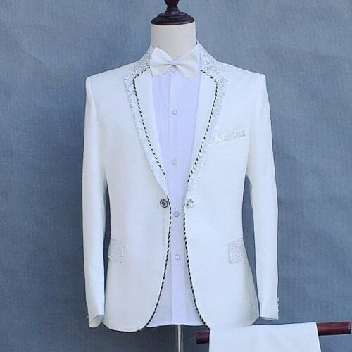 2021 New Mens Slim-Fit Sequined Trim Suit Stage Host MC Performance Suit Two Pieces