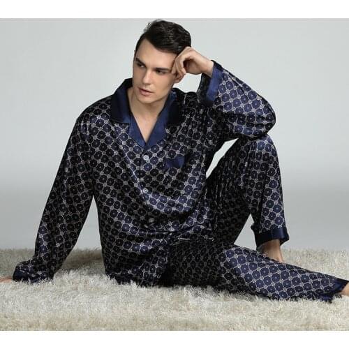 2021 Set Imitation Silk Pajamas Men Cozy Soft Long Sleeve Nightgown Tops Trousers Two Pieces Sleepwear Set Pyjamas Home Clothe