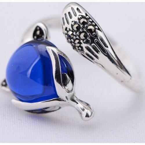 S925 Sterling Silver Rings For Women Blue Red Corundum Fox Head Zircon Open Ring Gift