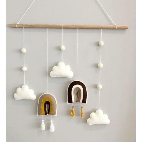 Nordic Cute Felt Clouds Shape Wall Hanging Ornament Wooden Stick Tassel Pendant Kids Room Decoration Rainbow Photography Props