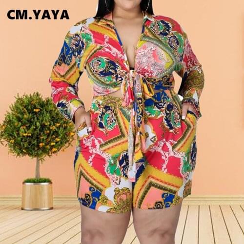 CM.YAYA Activewear Plus Size L-4XL Women Set National Print Top+shorts Suits Matching Set Tracksuit Fitness Two Piece Set Outfit