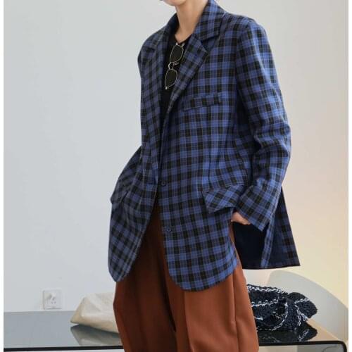 Vintage Slim Casual Jacket Women Tops Autumn Spring Korean Fashion Loose Blazer Women Offical Lady Plaid Lapel Suit Coat Female