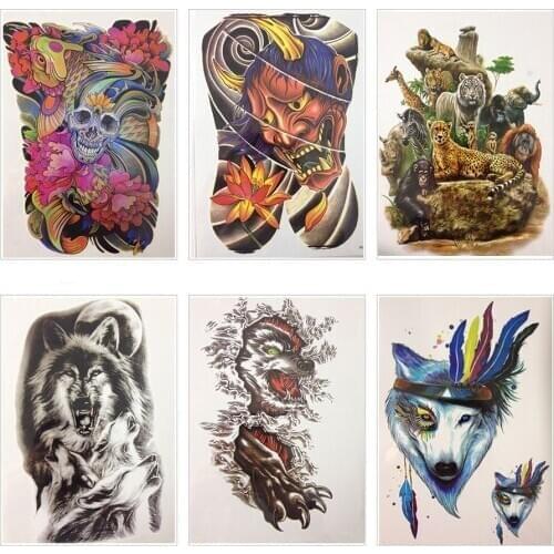 21X15 CM HOT SALE Blue Wolf With Feather Sexy Cool Beauty Tattoo Waterproof Hot Temporary Tattoo Stickers