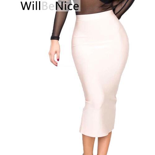 WillBeNice Nude 2019 New High Waist Back Open Fork Sexy Midi Pencil Bandage Skirt Blue Red White Pencil Bandage Skirts Women