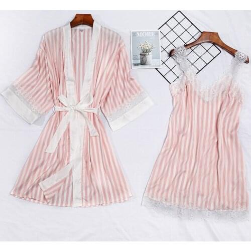 Womens Casual Striped 2PCS Robe Suit Sexy V-Neck Short Nightgown Faux Silk Sleepwear With Belt Kimono Gown Lace Trim Home Dress