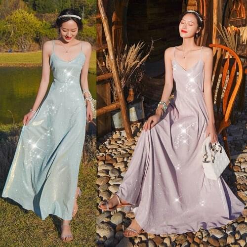 Women Maxi Backless Shining Strap Dress Summer 2021 Runway Elegant Korean Fairy Casual Vestido Beach Vacation Party Long Dresses