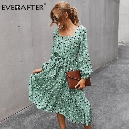 EVERAFTER Polka Dot Women Dress Square Collar Long Sleeve Ruffles Elegant Sashes Bow Autumn Winter Female Midi Dress Vestidos