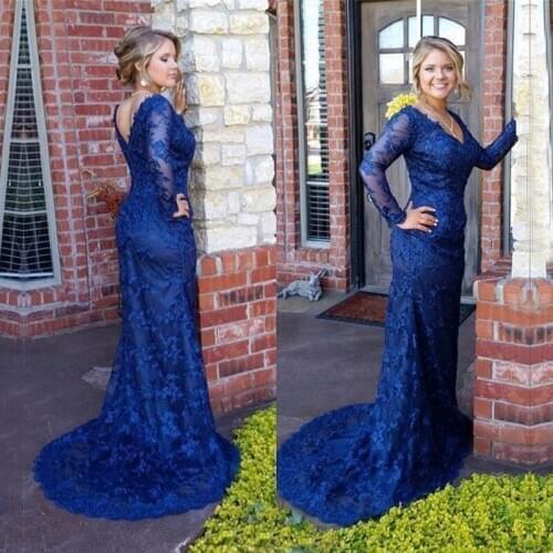Long Sleeve Navy Blue Lace Evening Dress 2019 Robe De Soiree Appliques V-neck Mermaid Prom Dresses Evening Wear Sweep Train