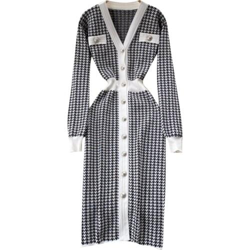 Ladies Check Houndstooth Knit Dress 2021 Fall Fashion Retro Knit Sweater Robe Work Street Wear Winter Tight Check Check Dress