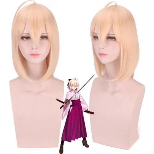 Anime Game Fate/Grand Order Apocrypha FGO Okita Souji Wig Light Golden Hair Cosplay Wig Role Play Halloween Hair Synthetic 35cm