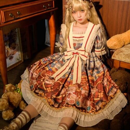 Kawaii Cute Bear Lolita Palace Girl Short Sleeve Dress Women 2021 New Summer Vintage Tea Lolita Party Dress Everyday Goth Lolita