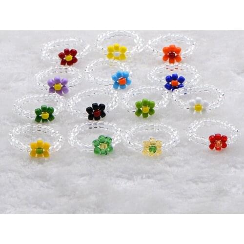 Fashion Trendy Korean Handmade Multi-color Small Flowers Rice Beads Ring Women Girl Jewelry Stretch Weave boho Style Rings