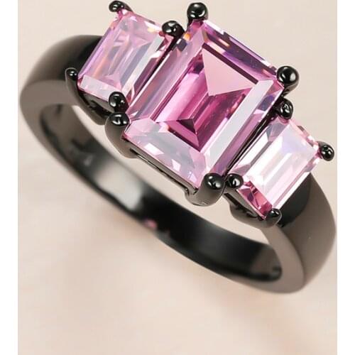 Cute Female Pink Crystal Stone Ring Luxury 14KT Black Gold Wedding Rings For Women Dainty Bride Square Zircon Engagement Ring