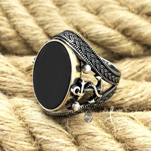 Solid 925 Sterling Silver Black Onyx Stone Knitting Design Anchor Mens Ring