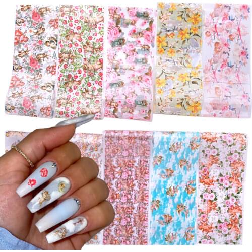 10Pcs Colorful Flowers Nail Stickers Set Foil Transfer Decals Angel Design Nail Art Decorations Summer Slider for Manicure