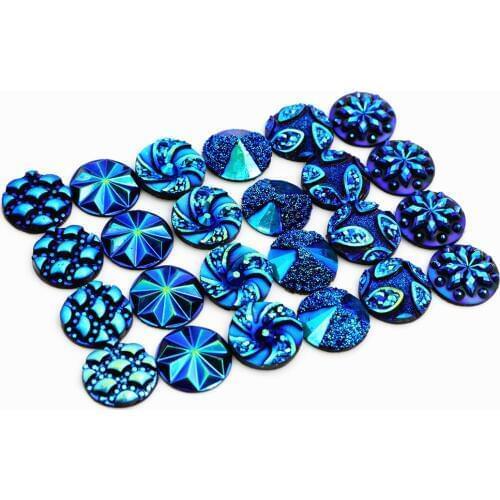 New Fashion 40pcs 12mm Mix Blue AB Colors Flower Fashion Style Flat back Resin Cabochons Cameo