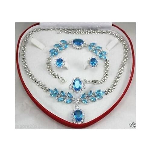 Charming set!light blue zircon Silver chain Necklace Bracelet Earring Ring no box