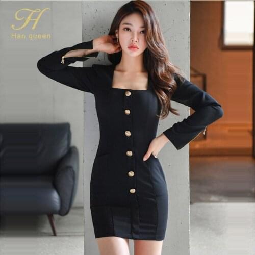 H Han Queen Autumn New Single-breasted Fashion Square Neck Zipper Mini Black Pencil Dress Lady Evening Party Sexy Simple Dresses