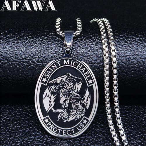 AFAWA SAINT MICHAEL PROTECT US Archangel Stainless Steel Necklace for Men Silver Color Necklace Chain Jewelry joyas N4003S02
