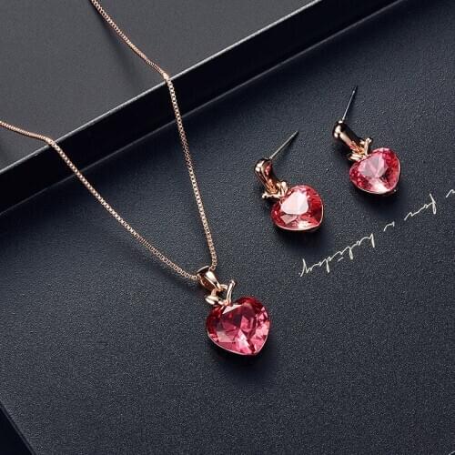 Romantic Simple Heart Rhinestone Drop Pendent Earrings Necklace Set Korean Neck Ear Jewelry Sets for Women Girls Gift Wholesale