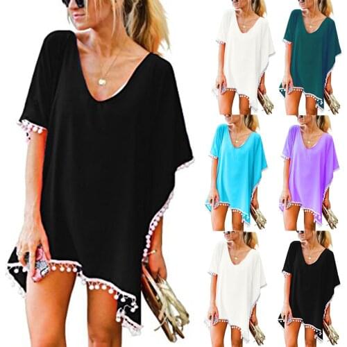 Sexy Bikini Beach Dress Womens Swimsuit Tunic Trim Kaftan Chiffon Tassels Swimwear Pareo Beach Loose Bikini Cover Up Tops Smock