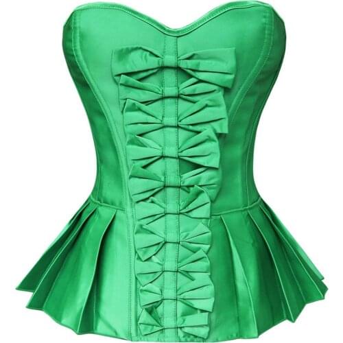 Sexy Womens Pleated Skirted Burlesque Strapless Boned Lace up Waist Training Overbust Corset with Bow Bustier Gothic