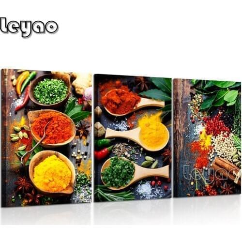 Triptych Diamond painting full square/round Vintage Kitchen picture decoration diamond embroidery 3 pieces of spices and spoons