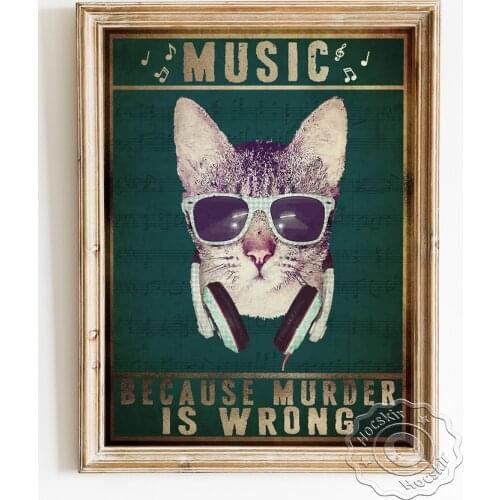 Funny Cute Sunglasses Cat Portrait Vintage Art Prints Poster, Wear Headset Lovely Animal Wall Picture, Listen Music Home Decor