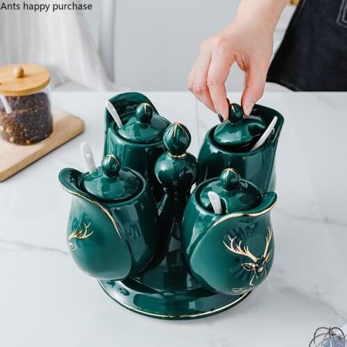 Green 4 Grid Ceramic Spice Jar Rotating Seasoning Jar Seasoning Box Set Home Kitchen Supplies Spice Container Seasoning Bottle