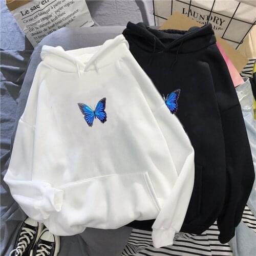 Winter Women Hoodies Harajuku Butterfly Print Hooded Sweatshirts Oversized White Clothes Sweatshirt Long Sleeve Streetwear Tops