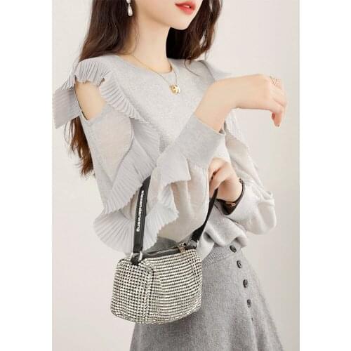 Sexy Sweater Chiffon Ruffles Patchwork Women Outwear New Fall Winter Temperament Knit Reduction Female Off-The-Shoulder Sweet