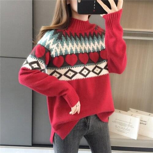 Autumn Winter 2021 New Womens Korean Loose Bottomed Knitted Sweaters Fashion Semi High Neck Splicing Long Sleeve Jersey Mujer