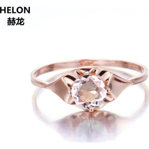 Solid 14k Rose Gold 6mm Round Cut Natural Morganite Engagement Wedding Ring Women Fine Jewelry