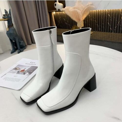 Winter Black Genuine Leather Short Luxury Ankle Boots Square Toe Chunky High Heels Womens Botines Punk Western Cowgirl Boots