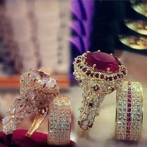 2Pcs/Set Natural Red Ruby Antique Art Deco Jewelry Exquisite Valentines Day Elegant Wedding Diamond Ring