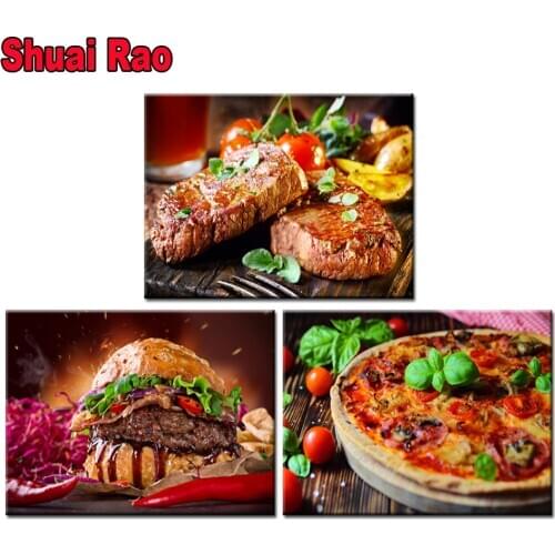 3 piece Steak Burger and Pizza 5d Diamond Painting diamond embroidery Pizza Store Decor,diy diamond Mosaic 2022 New Year Gift