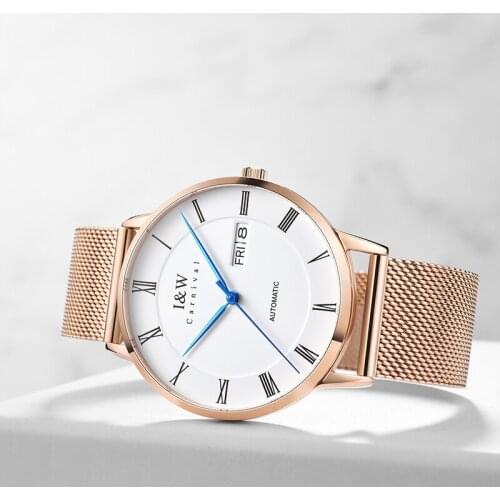 Luxury Automatic Watch Men Switzerland Brand CARNIVAL Mechanical Watch Waterproof Sapphire Crystal Dual Calendar Mesh Band Clock