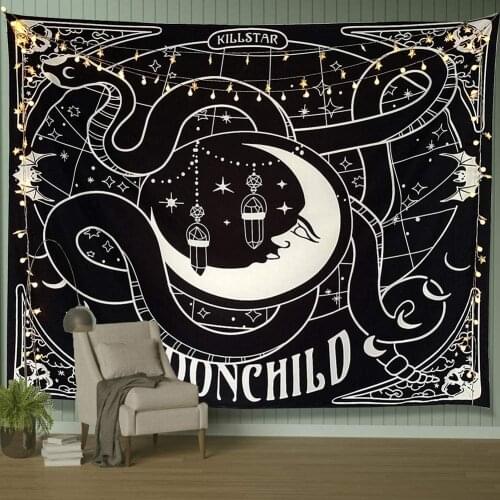 Skull Moon and Star Tapestry Wall Hanging, Kill Star Black and White Wall Art