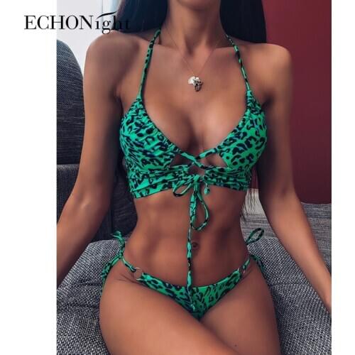 Echonight Animal Bikini Push Up Swimwear Women Leopard Female Bandage Sexy Swimwear Women Monokini Halter Backless Bathing Suit