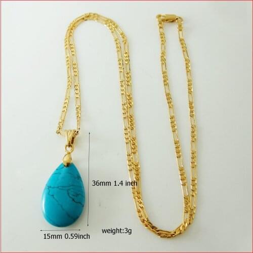 Foromance- YELLOW GOLD GP 24" FIGARO CHAIN NECKLACE & BLUE STONE WATER DROP SHAPE PENDANT