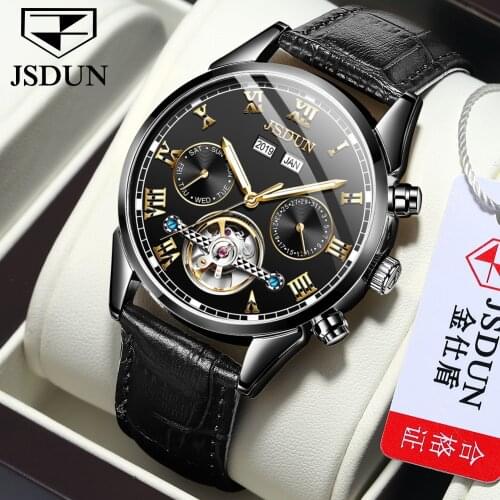 JSDUN Fashion Brand Hollow Mens Watch Luxury Date Leather Waterproof Self-winding Top Mechanical Mens Watch Reloj Hombre 8908