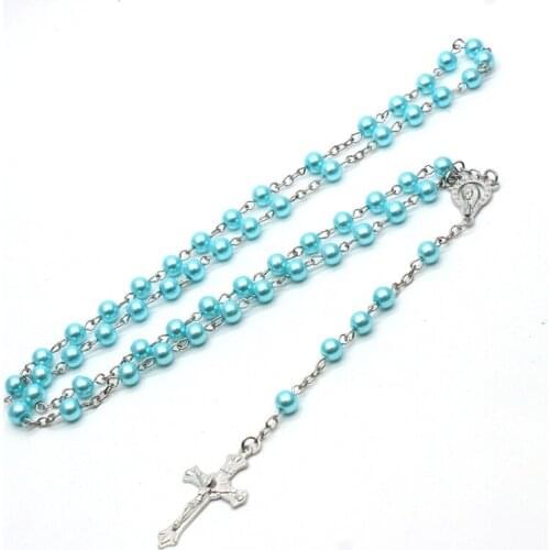 Catholic Cross Pendant Blue Simulated Pearl Prayer Rosary Necklaces Mary Blessing Long Beads Chain Necklace Religious Jewelry