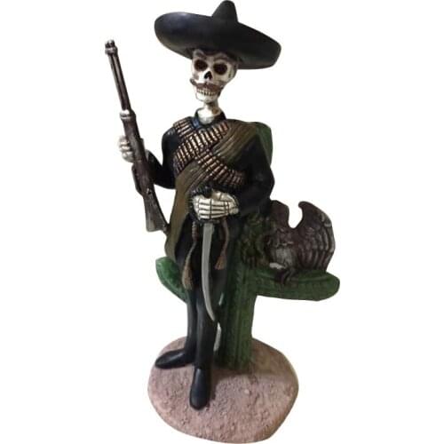Resin Skull Skeleton man with gun and knife and his bird friend eagle beside the cactus carnegiea gigantia