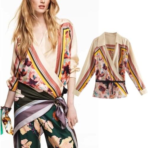 Klkxmyt Za Vintage Shirts Woman 2021 Print With Belt Womens Shirt Long Sleeve V Neck Kimono Blouses Women Fashion Shirt Tops